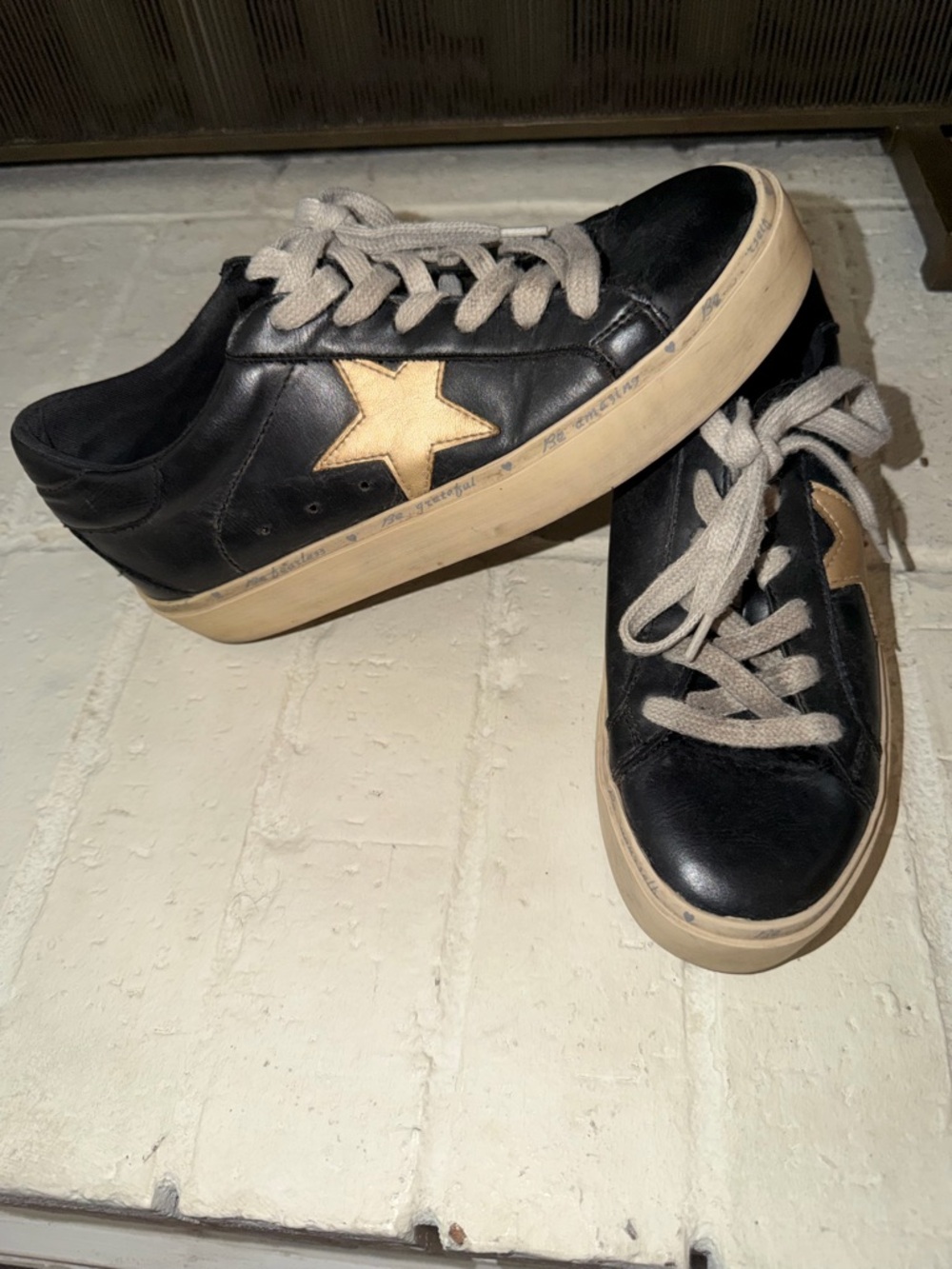 ShuShop Black Leather Sneakers with Cream Star